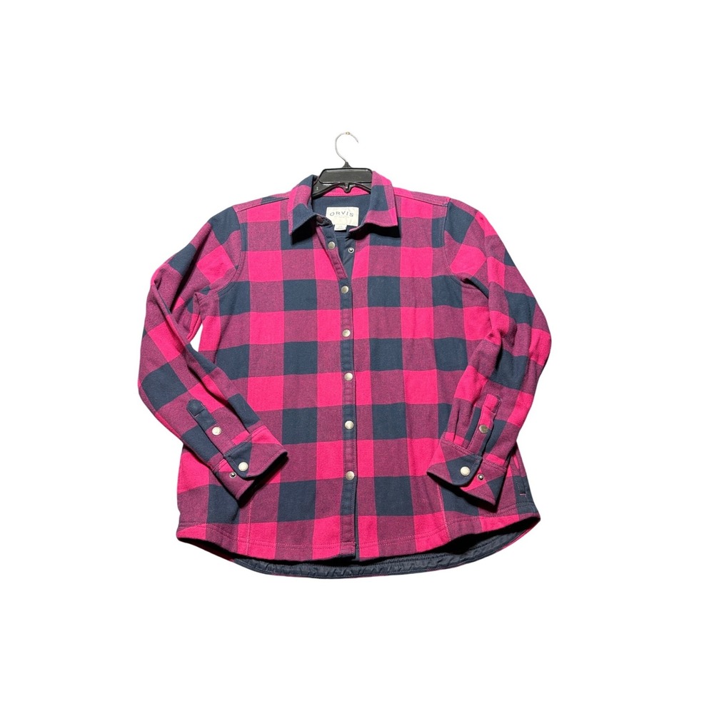 Orvis Shirt Jacket Womens Large Red Black Excellent Buffalo Plaid Snap Front